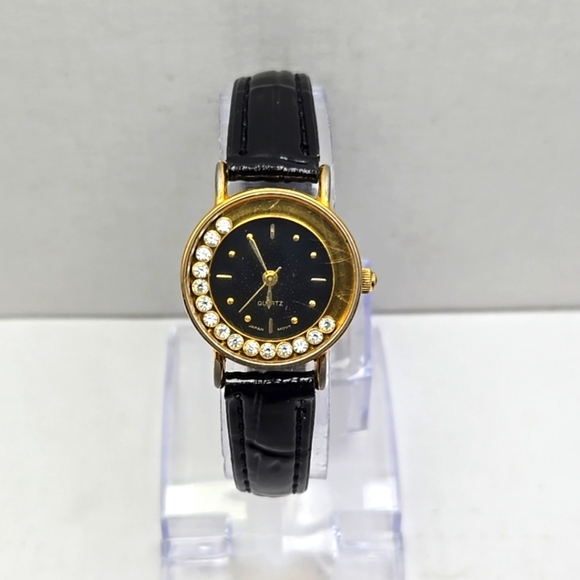 Vintage Avon Watch Women 24mm Black Gold Tone Floating Crystals New Battery - Picture 1 of 11
